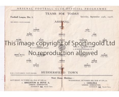 ARSENAL      Programme for the home League match v Huddersfield Town 29/9/1928, slightly creased.     Generally good