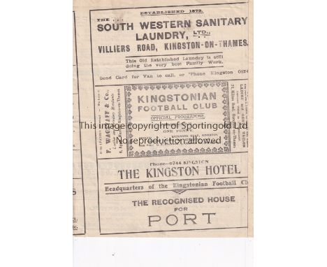 KINGSTONIAN V THE CASUALS 1929      Programme for the Casuals Cup tie at Kingston 11/9/1929, very slight horizontal crease.  