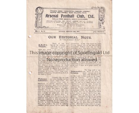 ARSENAL V LEICESTER CITY 1922 FA CUP     Programme for the tie at Arsenal 18/2/1922, 2 punched holes and horizontal fold.    