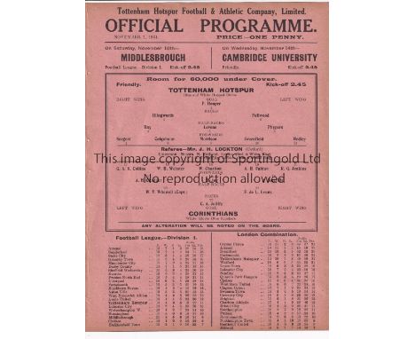 TOTTENHAM HOTSPUR     Single sheet home programme for the Friendly v. Corinthians 7/11/1934, ex-binder.    Generally good