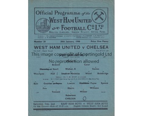 WEST HAM UNITED V CHELSEA 1946 FA CUP     Single sheet programme for the tie at West Ham 30/1/1946, slightly creased and core