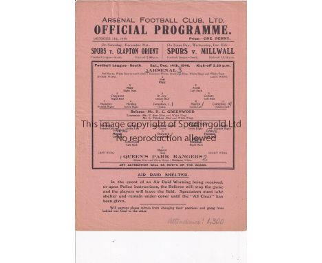 ARSENAL    Single sheet home programme v. Queen's Park Rangers 14/12/1940 FL South, team changes, scores entered and very sli