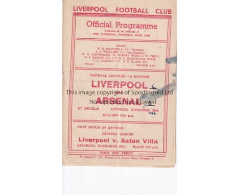 LIVERPOOL     Home programme v. Arsenal 23/11/1946 in their Championship season. Score and ink marks on the cover and scores 