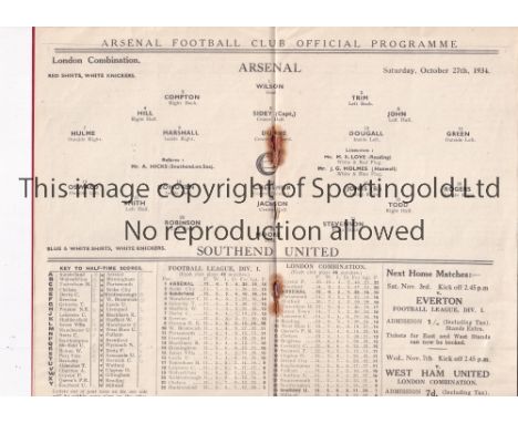 ARSENAL       Home programme for the London Combination match v Southend United 27/10/1934, staples rusted away.    Generally