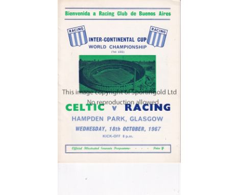 1967 INTERCONTINENTAL CUP FINAL    Programme for Celtic at home v Racing 18/10/1967.   Very good