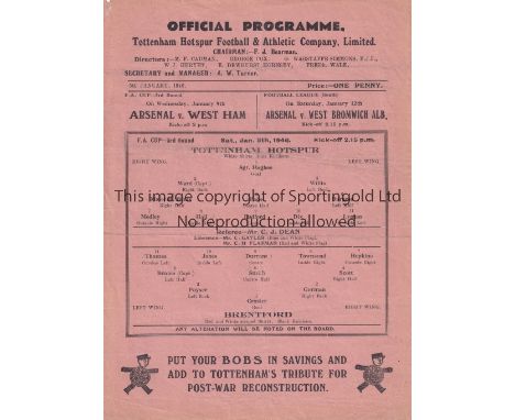 TOTTENHAM HOTSPUR      Single sheet programme for the home FA Cup tie v. Brentford 5/1/1946, slightly creased.    Generally g