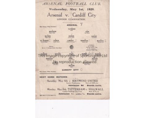 ARSENAL     Single sheet home programme for the London Combination match v Cardiff City 1/5/1929, professionally cleaned and 