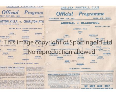 AT CHELSEA : 1943 &amp; 1944 NORTH V SOUTH WAR FINALS    Two single sheet programmes Arsenal v Blackpool 15/5/1943 punched ho