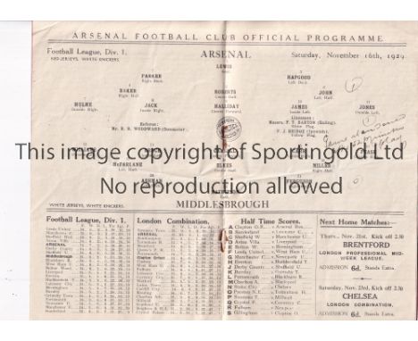 ARSENAL      Programme for the home League match v Middlesbrough 16/11/1929, slightly creased. The match was abandoned after 