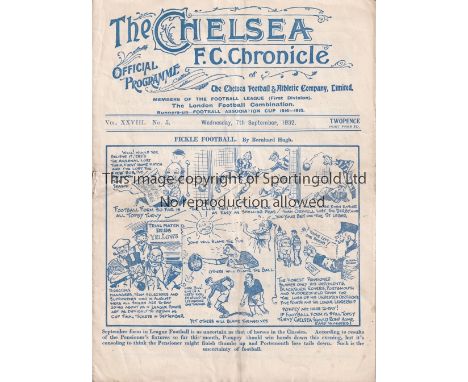 CHELSEA    Home programme v Portsmouth 7/9/1932. Not ex Bound Volume. Very light horizontal fold. No writing. Generally good 