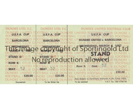 DUNDEE UNITED V BARCELONA 1987     Unused ticket with 2 counterfoils for the UEFA Cup quarter-final at Tannadice Park.    Goo