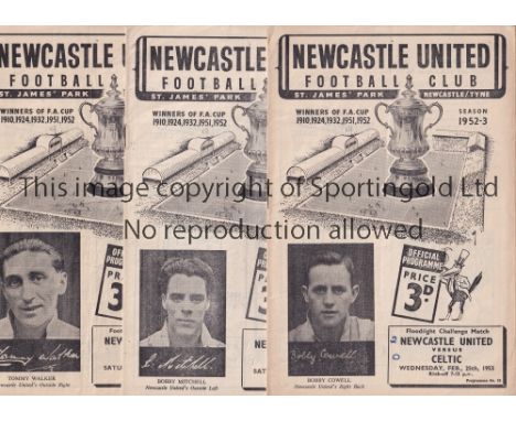 NEWCASTLE UNITED     Seven home programmes for season 1951/2 v. Man. City, Derby minor tears, Swansea FA Cup 10/1 abandoned a