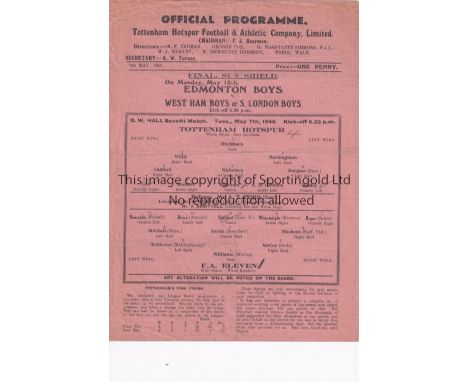 TOTTENHAM HOTSPUR     Single sheet home programme for the G.W. Hall Benefit match v F.A. Eleven 7/5/1946, slightly creased an