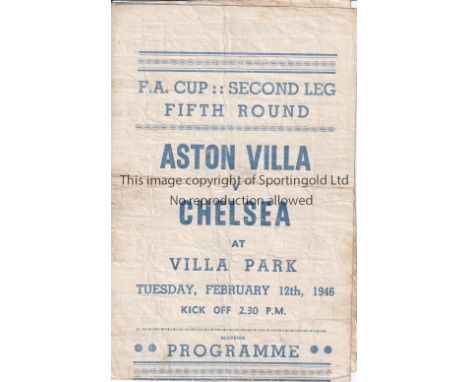 ASTON VILLA V CHELSEA 1946 FA CUP     Pirate programme issued by Ross the FA Cup tie at Villa Park 12/2/1946, creased, slight