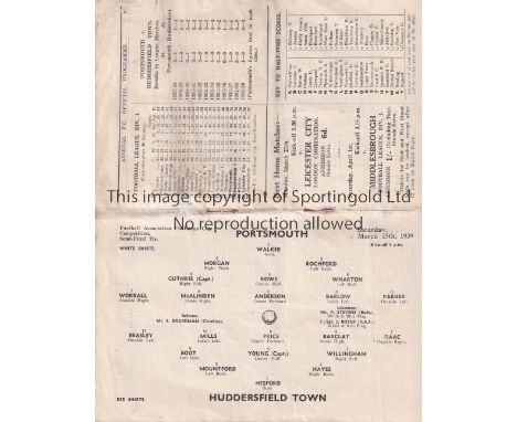 FA CUP SEMI FINAL 1939       Programme Portsmouth v Huddersfield Town at Highbury ( Arsenal ) FA Cup Semi Final 25/3/1939. So
