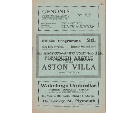 PLYMOUTH ARGYLE V ASTON VILLA 1937     Programme for the League match at Plymouth  2/10/1937. Number on front. Very light ver