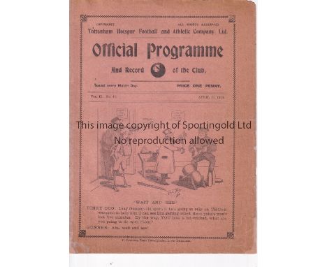 TOTTENHAM HOTSPUR V WOOLWICH ARSENAL 1910    Programme at Tottenham 16/4/1910. 1st League match at White Hart Lane between th