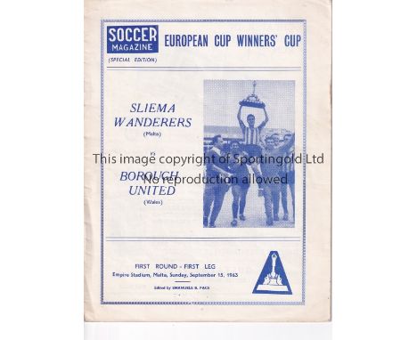 SLIEMA WANDERERS V BOROUGH UNITED     Programme fore ECWC tie in Malta 15/9/1963, Soccer Magazine Edition.    Generally good
