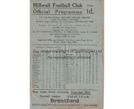 MILLWALL      Home programme v Tottenham 8/12/1945. Slightly creased with small paper replacement at bottom.   Fair-generally