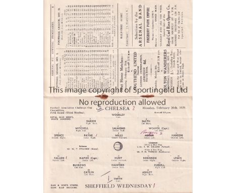 ARSENAL       Home programme for the FA Cup 5th Round 2nd Replay tie at Highbury Sheffield Wednesday v Chelsea 20/2/1939. Lig