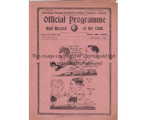 TOTTENHAM HOTSPUR      Programme for the home League match v. Birmingham 9/12/1933, slightly creased and scores entered.    G