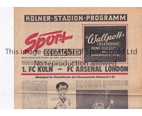 ARSENAL     Sport Beobachter large 4 page programme for the away Fairs Cup Quarter-Final v 1FC Cologne / K?ln 23/3/1971 in Ar