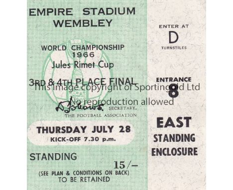 1966 WORLD CUP ENGLAND     Ticket for the 3/4 Play-off match at Wembley 28/7/1966, Portugal v USSR.    Good