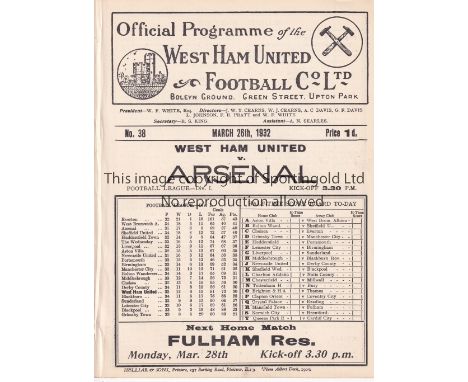 WEST HAM UNITED V ARSENAL 1932    Programme at West Ham United 26/3/1932. 4 Page white copy. Ex Bound Volume.   Generally goo