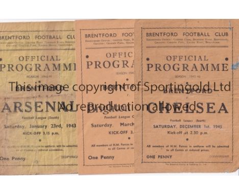 BRENTFORD    Three Wartime home programmes v Arsenal 1942/3 (fold, creasing), v Brighton 43/4 (neat team changes) and v Chels
