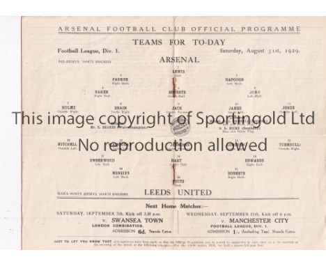 ARSENAL    Home programme v. Leeds United 31/8/1929, opening home League match of the season, very slightly creased.    Gener