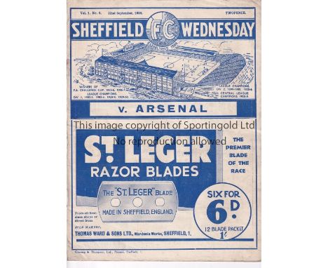 ARSENAL      Programme for the away League match v Sheffield Wednesday  22/9/1934.    Generally good
