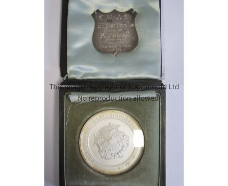 KENNETH POWELL MEDAL / CAMBRIDGE UNIVERSITY 1907     Boxed round glass covered medal with separate metal shield which is insc