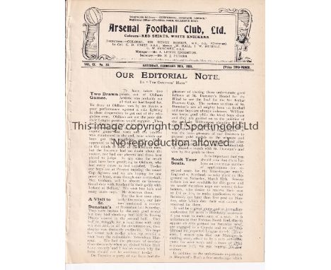 ARSENAL Home London Combination programme v. Tottenham Hotspur 26/2/1921 Ex-binder. Generally good