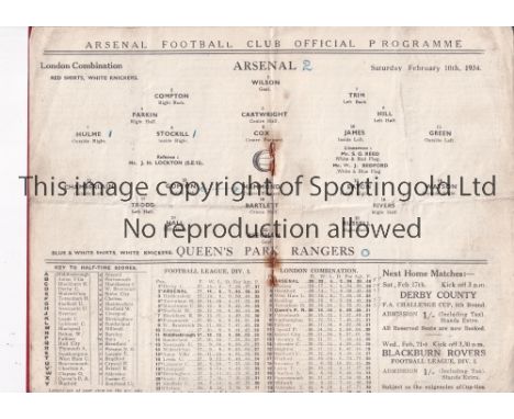 ARSENAL       Home programme for the London Combination match v Queen's Park Rangers 10/2/1934, staples rusted away, heavily 