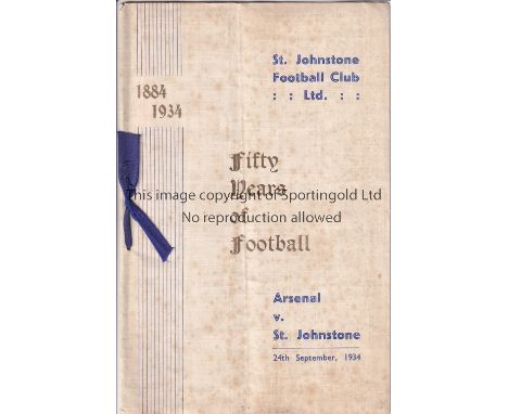 ARSENAL     Away programme v St Johnstone 24/9/1934, white VIP issue with blue ribbon through the issue. Friendly match to ce