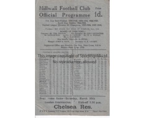 MILLWALL    Home programme v Arsenal 23/3/1946. Team changes, score, slight creasing and slightly worn.   Fair-generally good