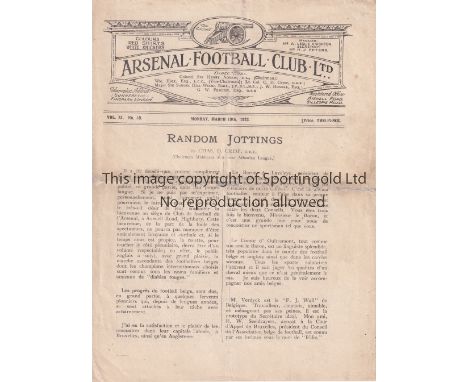 ENGLAND AT ARSENAL 1923          Home programme for the match v Belgium played at Highbury 19/3/1923. Arsenal gatefold home p