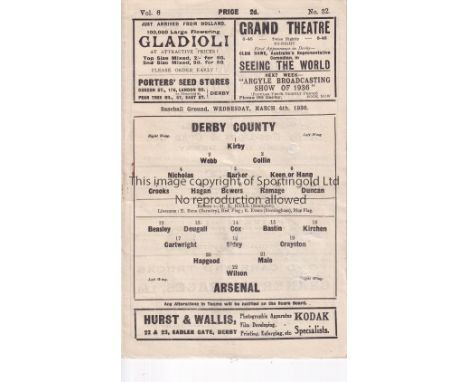 ARSENAL     Away programme v Derby County 4/3/1936. Very light staple rust. No writing.    Fair to generally good