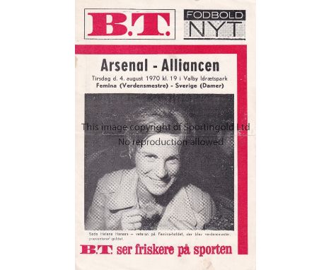 ARSENAL     Programme for the away Friendly v. Gothenburg Select 4/8/1970 in Arsenal's Double Season. Slight horizontal creas