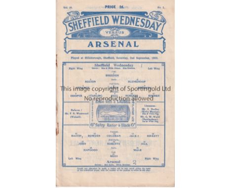 ARSENAL     Away programme v Sheffield Wednesday  2/9/1933. Not Ex Bound Volume. Score, scorers inserted. Light rusting.   Fa