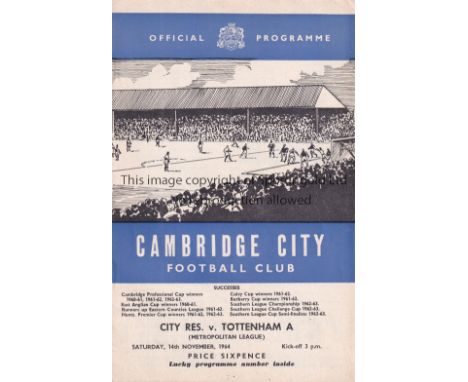 TOTTENHAM HOTSPUR      Programme for the away Metropolitan League match v Cambridge City 14/11/1964.   Good