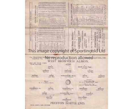 FA CUP SEMI FINAL 1937       Programme West Bromwich Albion v Preston North End at Highbury ( Arsenal ) FA Cup Semi Final 10/