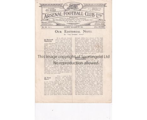 ARSENAL    Home programme v. Liverpool 6/9/1924, horizontal crease.    Generally good
