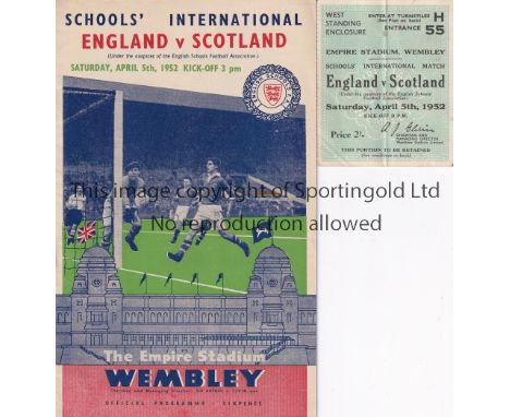 DUNCAN EDWARDS         Programme and ticket for England v Scotland Schools International at Wembley 5/4/1952 in which Edwards
