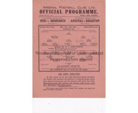 ARSENAL    Single sheet home programme v. Clapton Orient 8/2/1941 London War Cup, very slightly creased, pencil team changes 