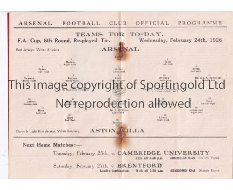 ARSENAL    Home programme v. Aston Villa 24/2/1926 FA Cup, staples rusted away and very slightly creased.    Generally good