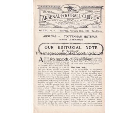 ARSENAL       Home programme for the London Combination match v Tottenham Hotspur 23/2/1929, ex-binder lacking red covers.   