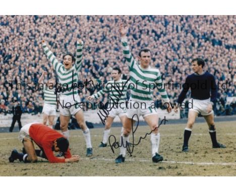 CELTIC  Autographed 12 x 8 photo of Jimmy Johnstone, Lou Macari and Willie Wallace celebrating after team mate Bobby Lennox h