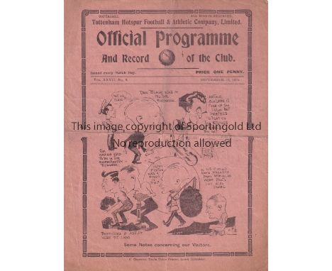 TOTTENHAM HOTSPUR      Programme for the home League match v. Aston Villa 22/9/1934, folded and scores entered.    Generally 