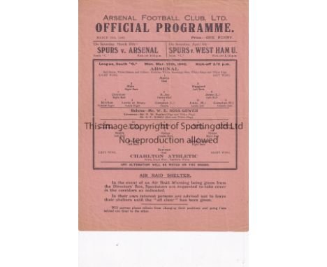 ARSENAL    Single sheet home programme v. Charlton Ath. 25/3/1940 League South, slightly creased and minor repairs.   General